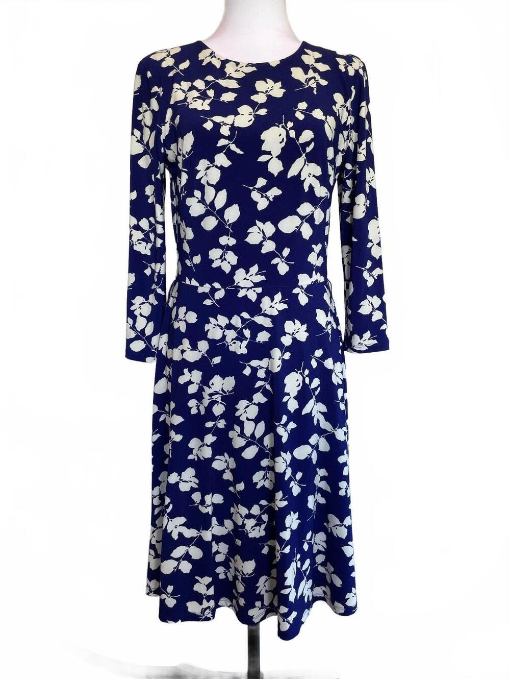 Lauren Ralph Lauren Royal Blue Floral Fit & Flare Dress Long Sleeve Size 8